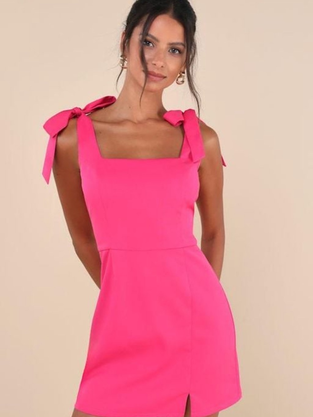 Lulu's Hot Pink Tie-Shoulder Square-Neck Mini Dress